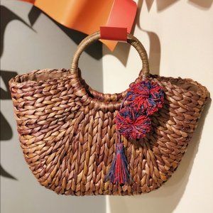 Straw Bag with Pom Poms